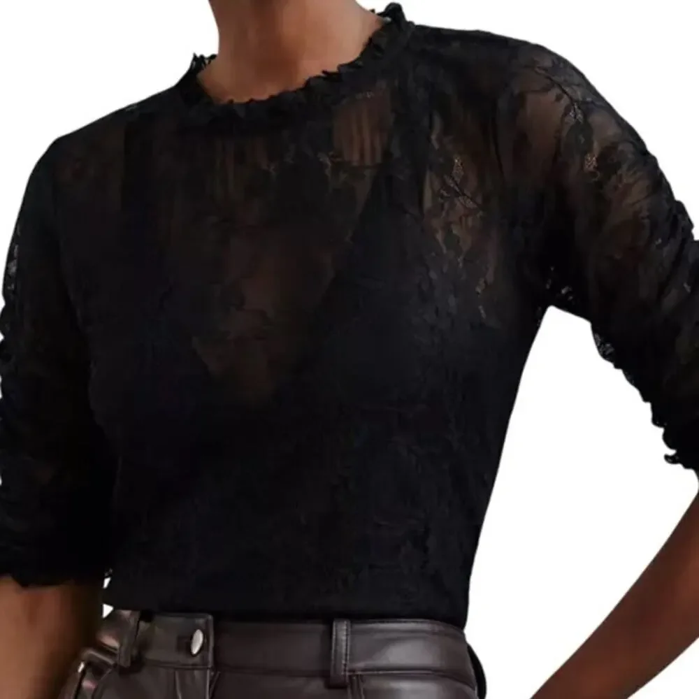 By Anthropologie Womens VNeck Lace Ruched Sleeve Blouse Size Extra Small